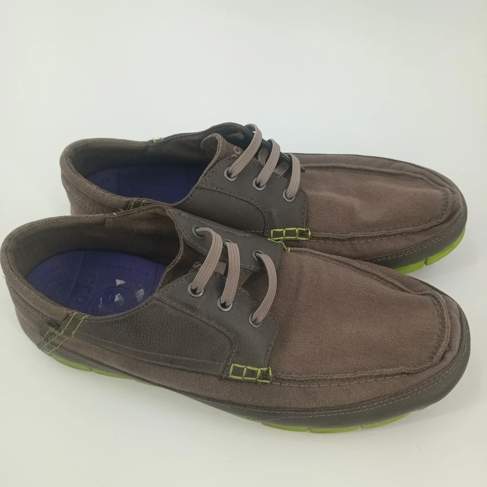 Crocs Mens Walu Boat Shoes Brown Canvas Loafers Lime Green Sole Size 12 M